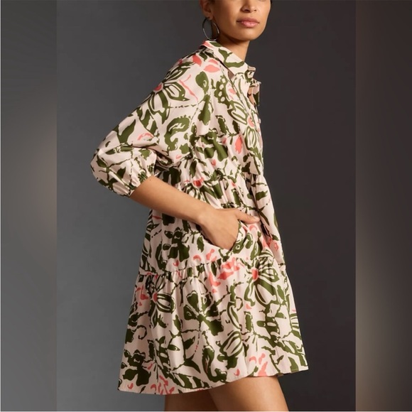 Anthropologie Maeve Bettina Tiered Mini Shirt Dress Orange/Pink Cotton XS - Picture 1 of 10